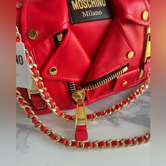 Moschino Zippered Leather Jacket Biker Shoulder Bag Red, Retail $1795 ($700 OFF) - Picture 2 of 7